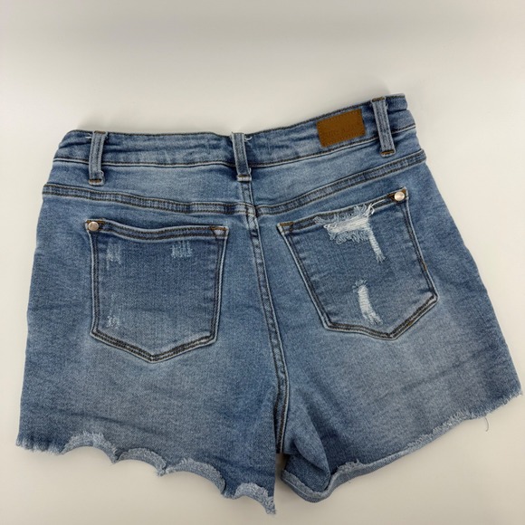 Judy Blue Distressed Denim Shorts Women's M Lemon Print Patches Frayed Hem Blue - Picture 2 of 10